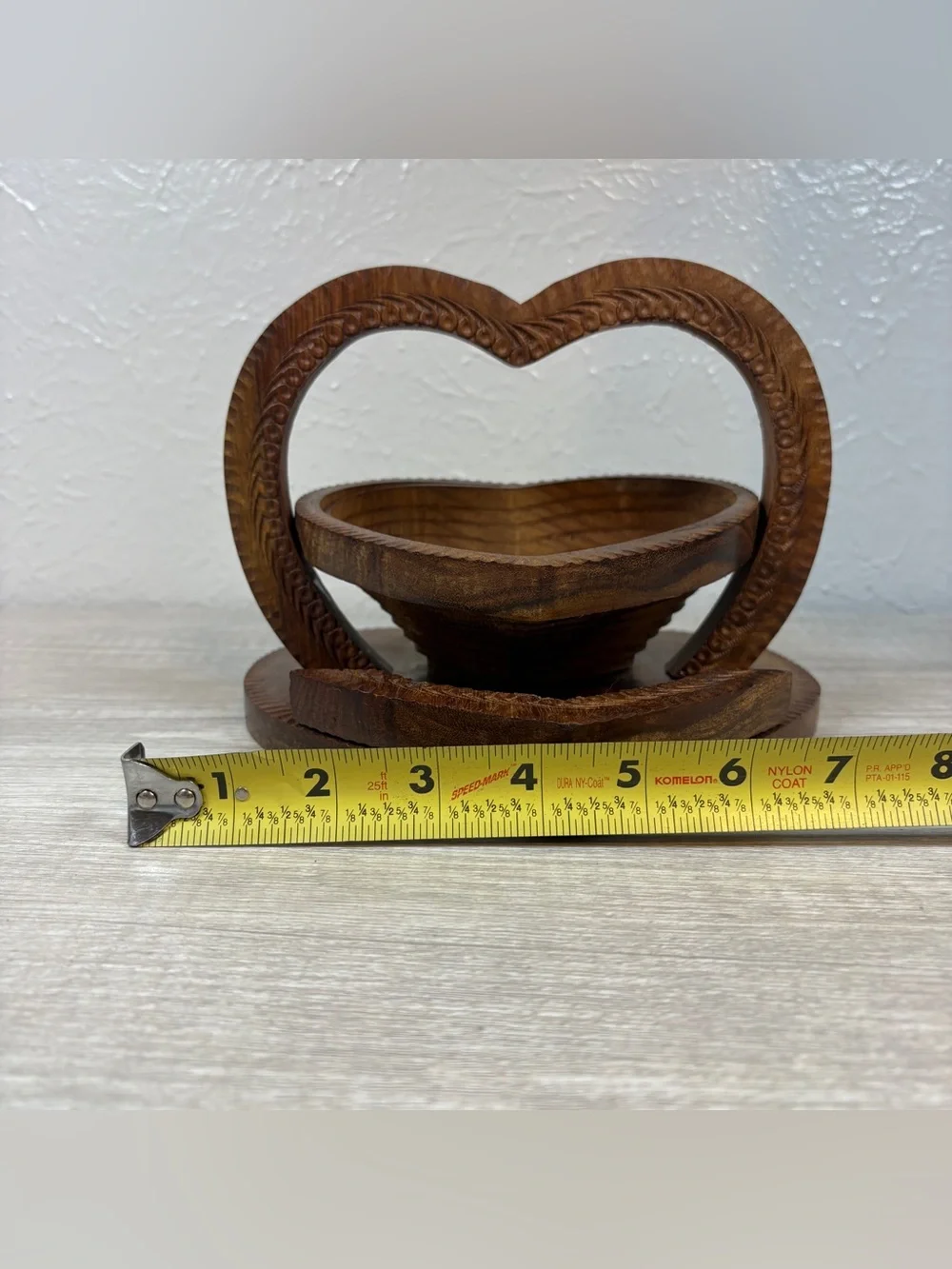 Vintage Hand Carved Heart Shaped Collapsible Wooden Fruit Basket Folding Trivet